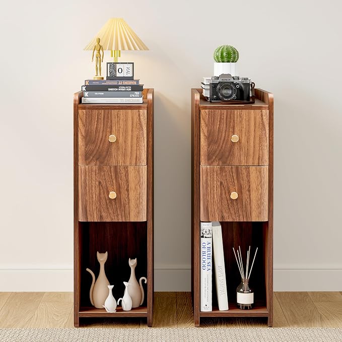 Narrow Nightstand Set of 2, Wooden Small 2 Drawer Nightstand, Slim Side End by FurSchFurniture