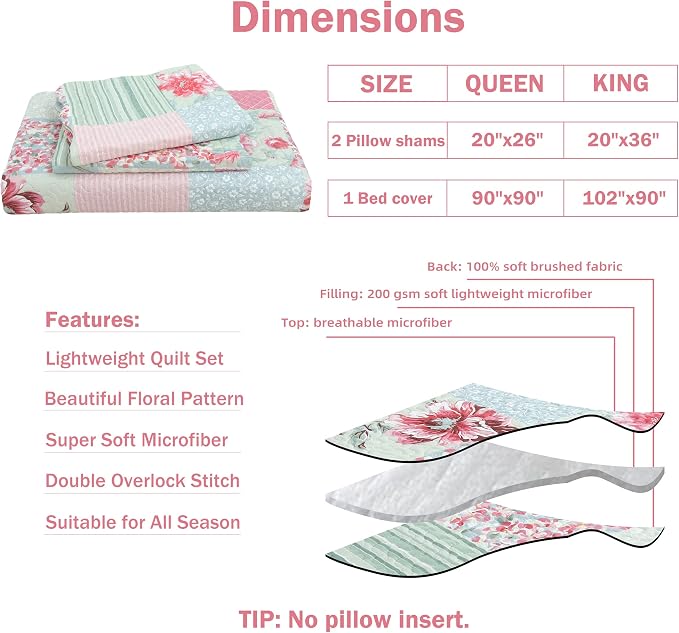 Cmfshape Summer Floral Queen Quilted Bedspread, Romantic Pink Quilt Set - Image 6