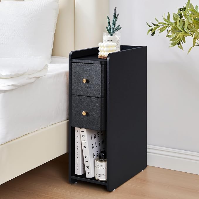 Narrow Nightstand Set of 2, Wooden Small 2 Drawer Nightstand, Slim Side End - Image 7