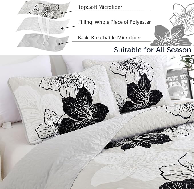 DJY Black White Quilt Queen Size, Boho Floral Bedding Bedspread Set 3 Pcs | - Image 4