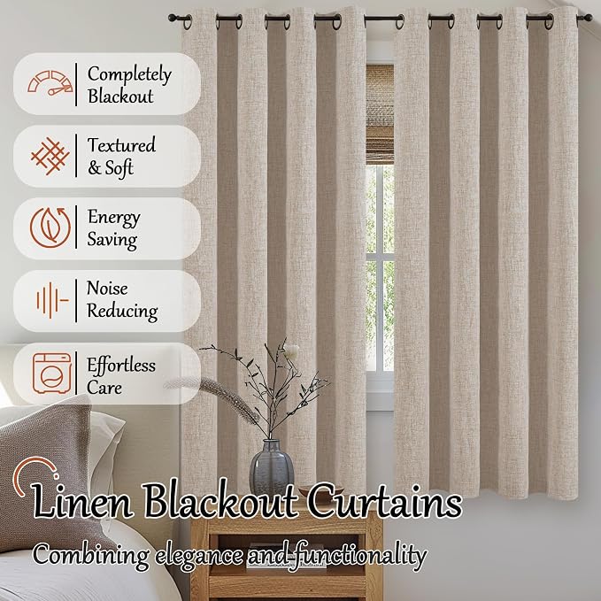 Beige Linen Blackout Curtains 63 Inch Long Each 60 Wide 2 Panels | Thermal - Image 2