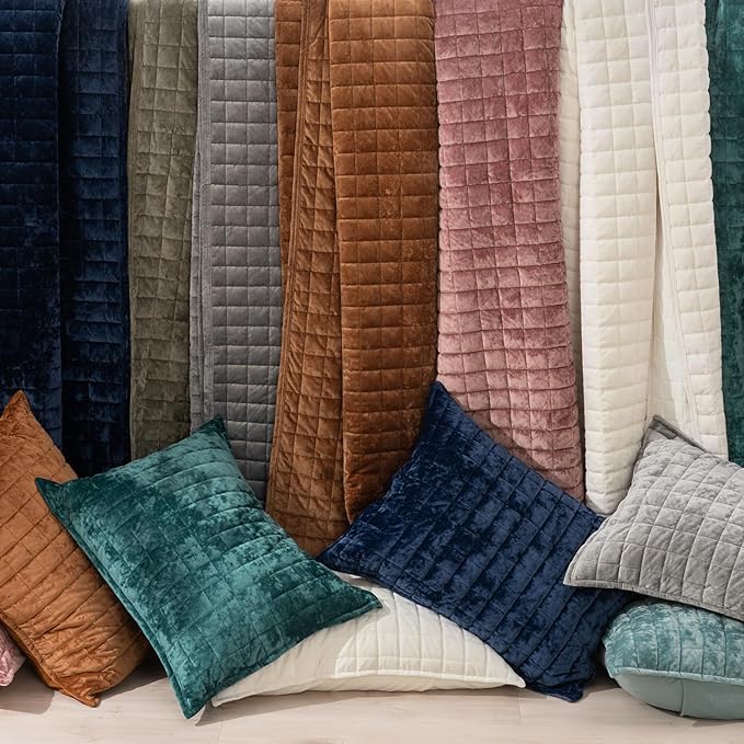 RECYCO Channel Box Stitch Velvet Quilt Set, Full Queen Size, Cream White | - Image 6