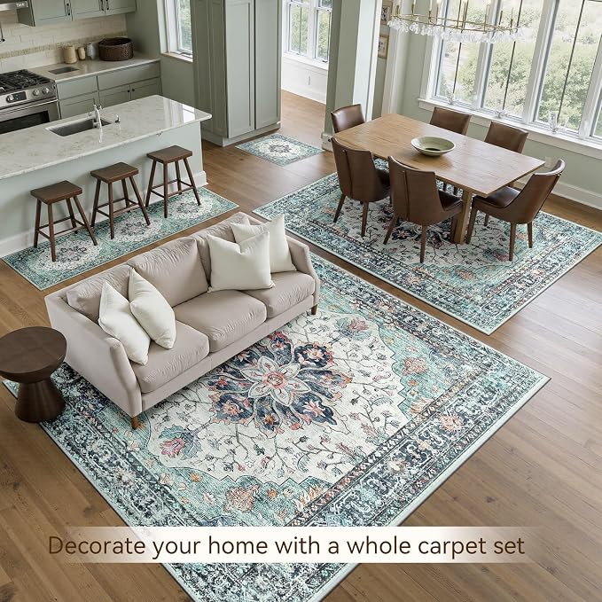 RELEANY Washable Area Rug, Teal Green/White/Navy | Non-Slip, Water Repellent - Image 4