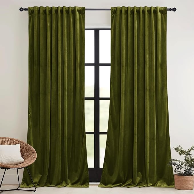 RYB HOME Moss Green Velvet Curtains 72 inches Length - Image 2