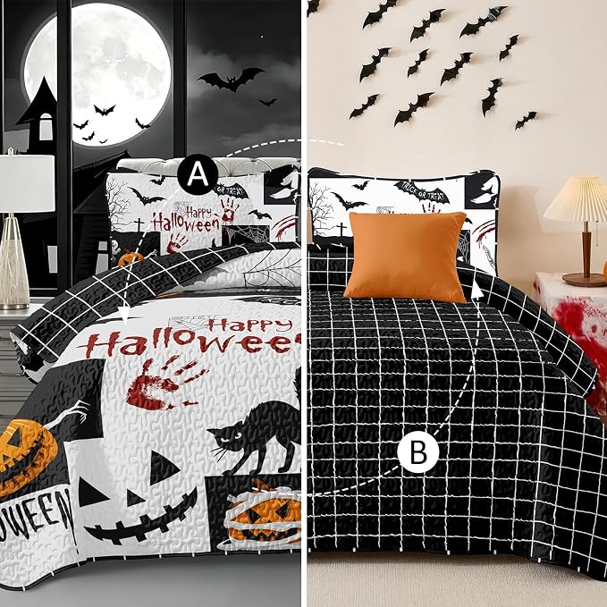 WONGS BEDDING Halloween Quilts Queen Size, Queen 96"x90", Reversible Grid Design - Image 5