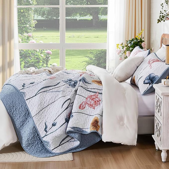 WONGS BEDDING Queen Size Quilt Set, 3-Piece Lightweight Botanical Bedspread | - Image 3