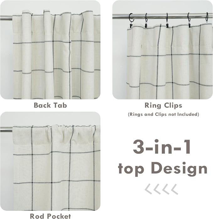 DriftAway 100% Blackout Plaid Linen Curtains 72 Inches Long 2 Panels Black | - Image 7