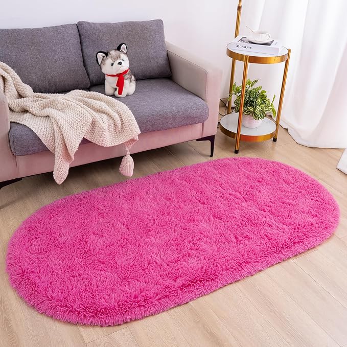 Goideal Fluffy Bedroom Rug, Small Oval Area Rugs, Hot Pink Shag Bedside Carpet - Image 2