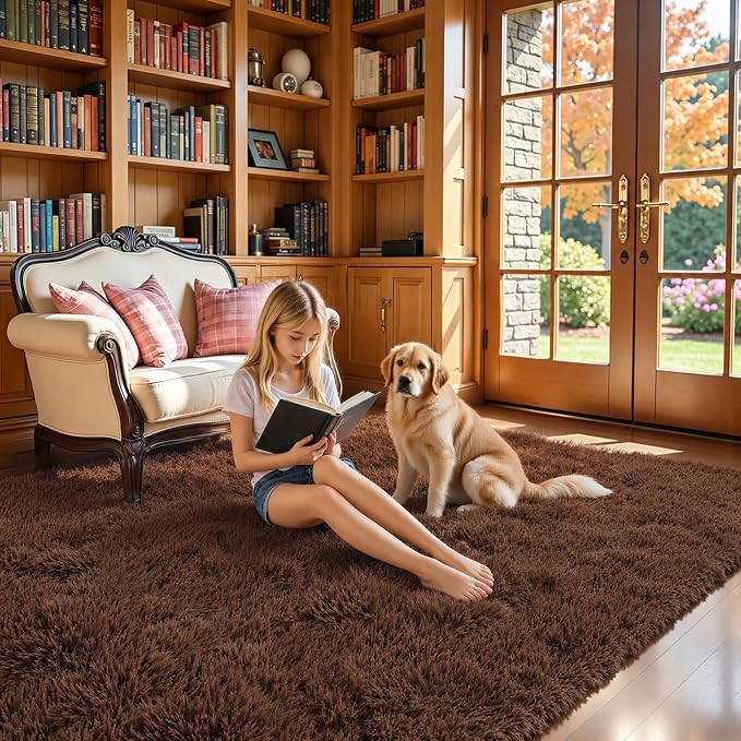 5x8 Coffee Shag Area Rug for Living Room, Fluffy Plush Carpet | Non-Slip Large - Image 3