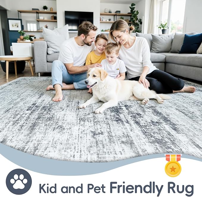 8x10 Washable Area Rug for Living Room Bedroom: Non-Slip Modern Black Grey | - Image 4