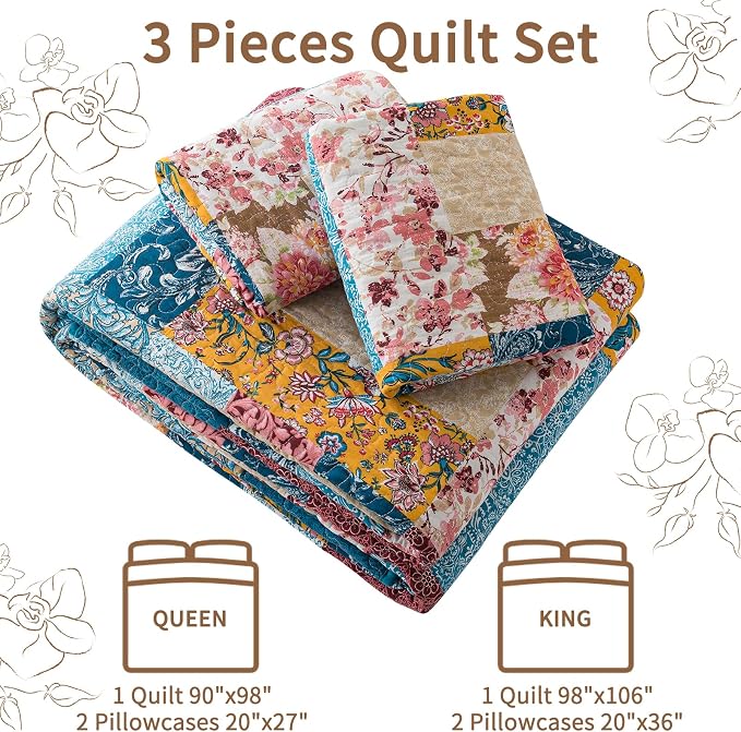 VAPUTAR 100% Cotton Face Quilt Queen Size Bedding Set, Farmhouse Coverlet | - Image 5