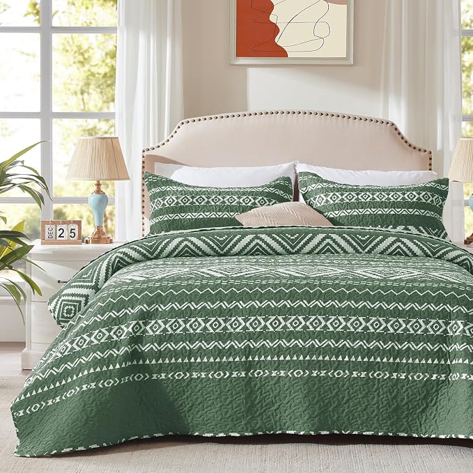 3 Pieces King Size Olive Green Quilt Set - Image 2