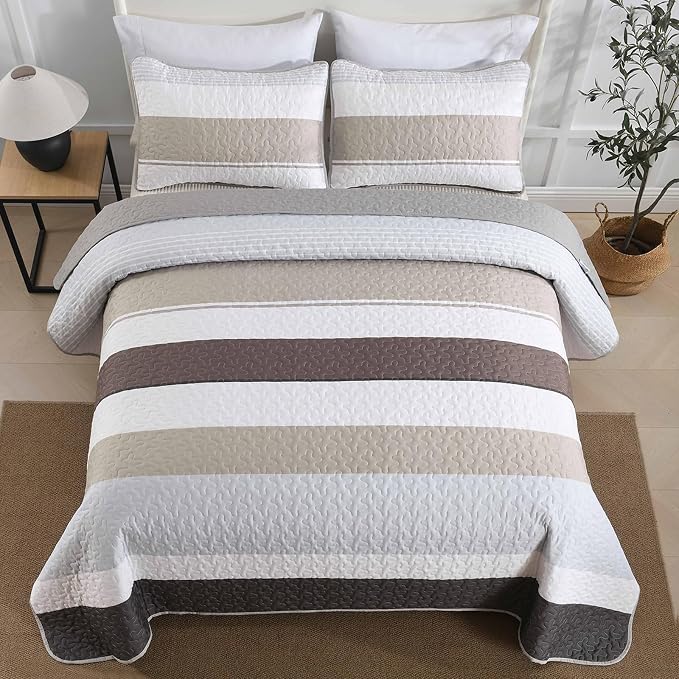 Dinjoy California King Striped Quilt Set, Breathable All-Season, 3-Piece Set - Image 2