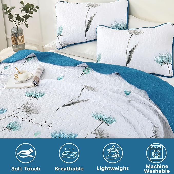 Dinjoy Teal Quilt Set California King Size, Cute Flower Bedspread Bedding | 3 - Image 4
