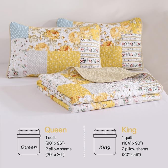 Yellow Patchwork Quilt Set King Size, Rose Floral Plaid Bedspread | 3 Pcs - Image 8