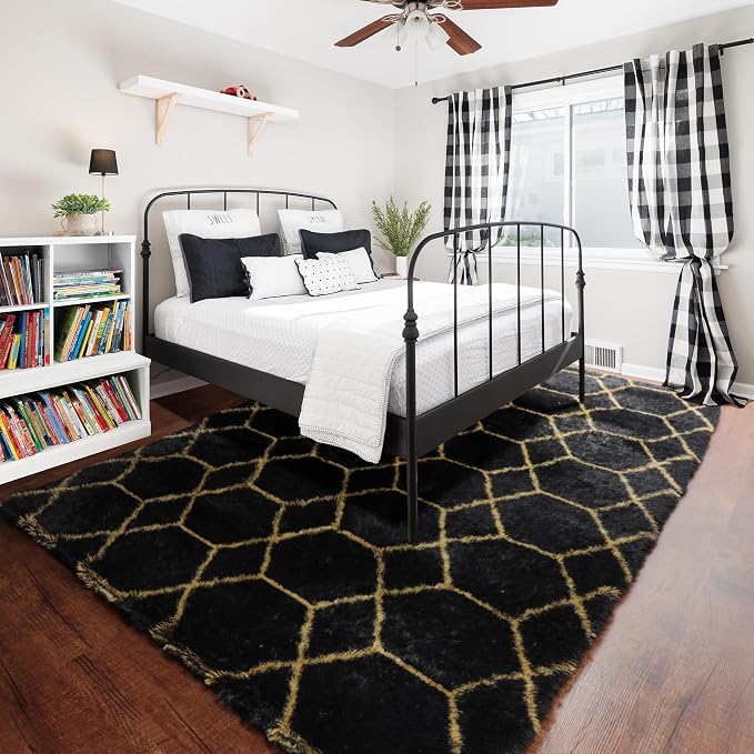Area Rugs for Bedroom Living Room, 4x6 Fluffy Black and Gold Throw Rug - Image 8