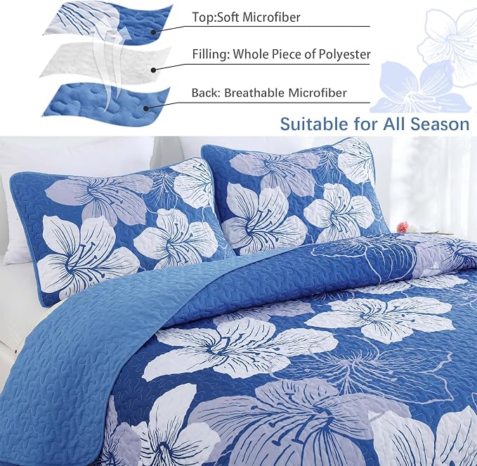 DJY Blue Quilt Set Queen 3 Pieces Botanical Floral Quilt Summer Bedding Set - Image 4