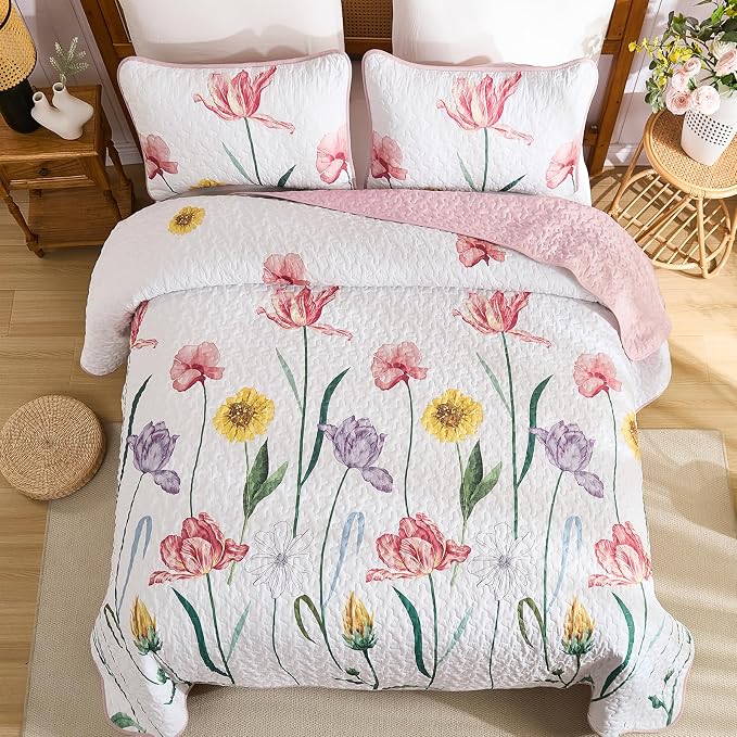 WONGS BEDDING Pink Quilt Set Queen, 3 Pieces Colorful Delicate Floral Bedspread - Image 4