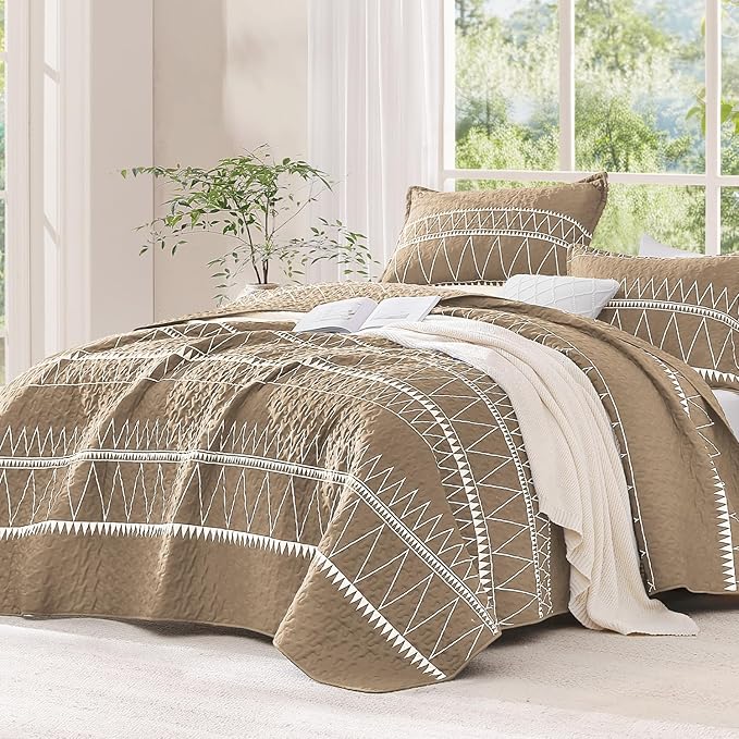 Taupe California King Quilt Set, 3 Pieces Boho Striped Bedspread | Soft by Andency