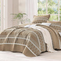 Taupe King Size Quilt Set, 3 Pieces Boho Striped Bedspread | Soft Lightweight by Andency