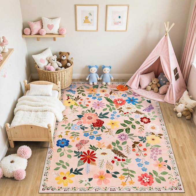 PLHXFR Area Rug Living Room: 4x6 Floral Washable Boho Soft Carpet Beige | - Image 5