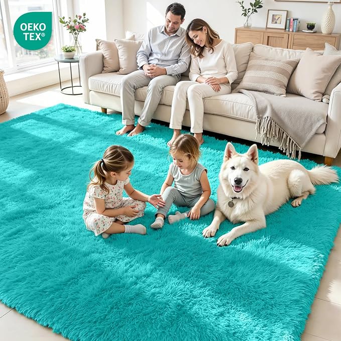 6x9 Fluffy Area Rug for Living Room: Soft Non-Slip Turquoise Bedroom Carpet | - Image 4