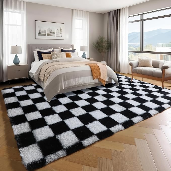 KICMOR Area Rugs for Bedroom Living Room, 4x6 Black and White Fluffy Soft - Image 3