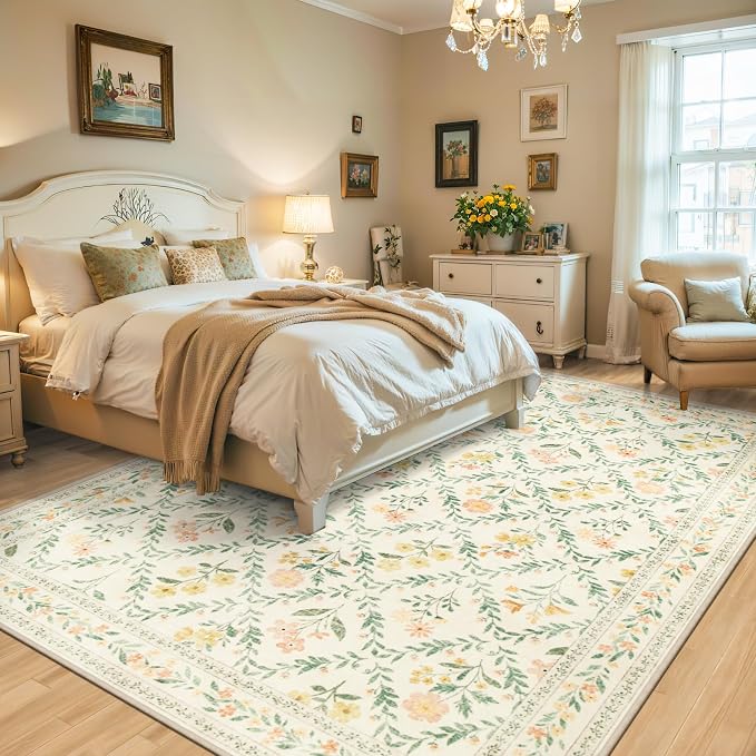 PLHXFR 8x10 Area Rug Living Room: Floral Washable Boho Carpet Beige Multi | - Image 3