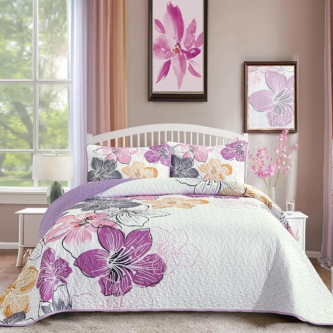 DJY 3 Pieces Quilt Set Queen Size Purple Floral Pattern, Colourful Floral by HOME