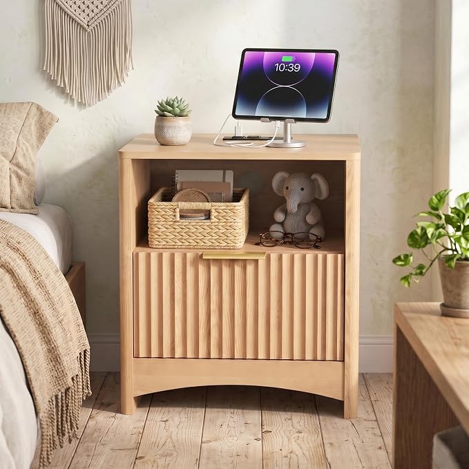 Marsail Wooden Nightstand with Drawer, Modern Night Stand with Charging Station - Image 3