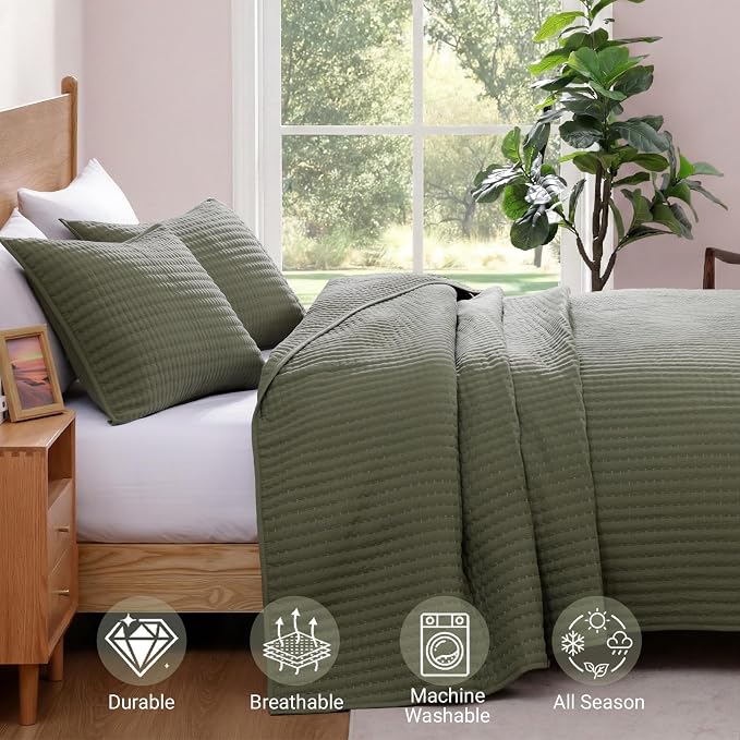 Queen Quilt-Lightweight Bedspreads Olive Green Queen Size Quilt Bedding Set | - Image 5