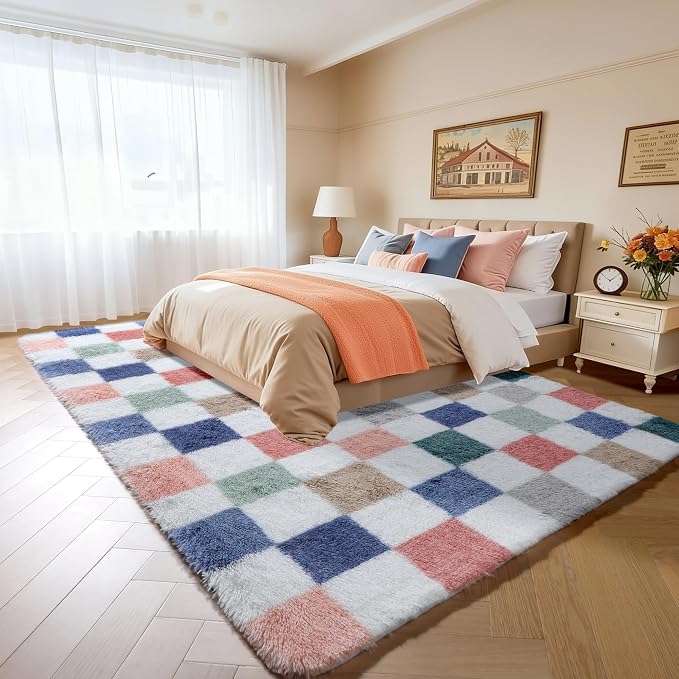 KICMOR 6x9 Area Rugs for Living Room, Large Fluffy Soft Colorful Checkered - Image 3