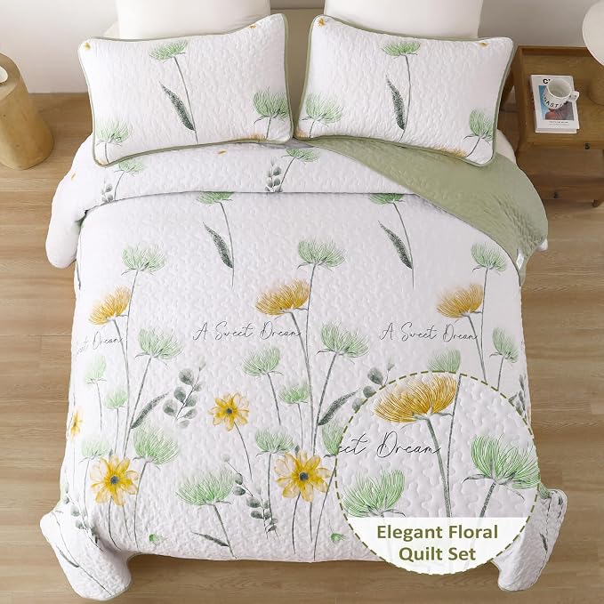 Dinjoy Floral Quilt Set Queen, Fower Plant Bedspread Coverlet Set 3 Pieces | - Image 2