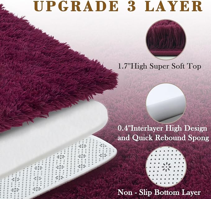 5x8 Burgundy Shag Area Rug for Living Room, Fluffy Plush Carpet | Non-Slip - Image 4