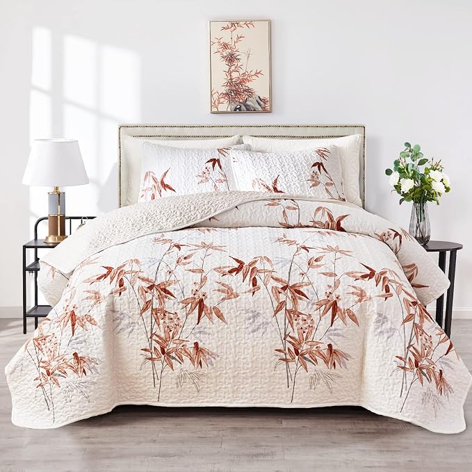 Botanical Quilt Set 2 Pieces Twin Size, Burnt Orange Leaves Printed on White by Flysheep