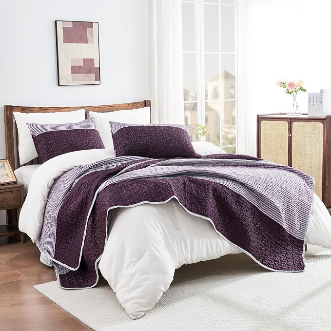 Queen Quilt Set Purple Grey, 3 Pieces Striped Bedspread | Ultra Soft Summer - Image 4