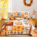 WONGS BEDDING Fall Thanksgiving Queen Quilt, Pumpkin Maple Leaves Bedspread | by WONGSBEDDING
