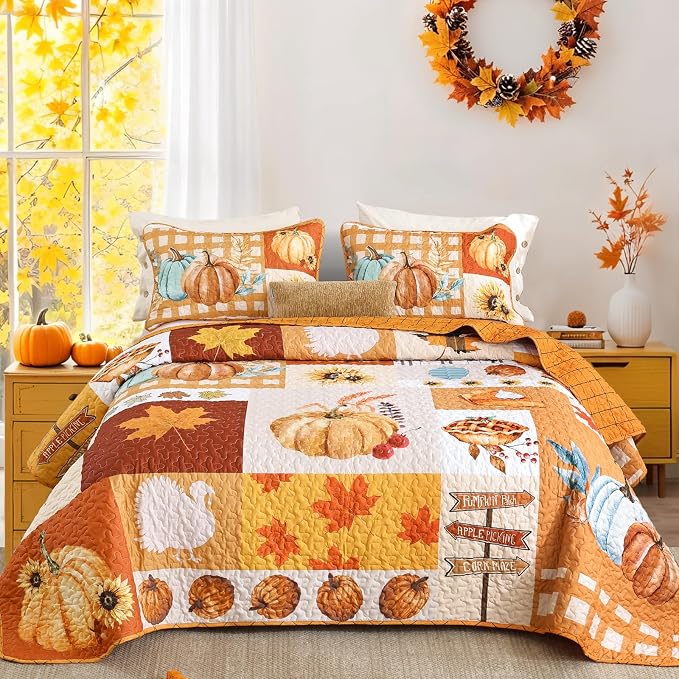 WONGS BEDDING Fall Thanksgiving Queen Quilt, Pumpkin Maple Leaves Bedspread | by WONGSBEDDING