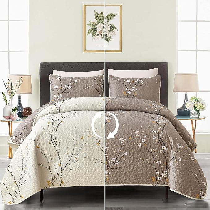 DJY Quilt Set King Size, Branch Botanical Bedspread Coverlet, Tan &Cream | by HOME