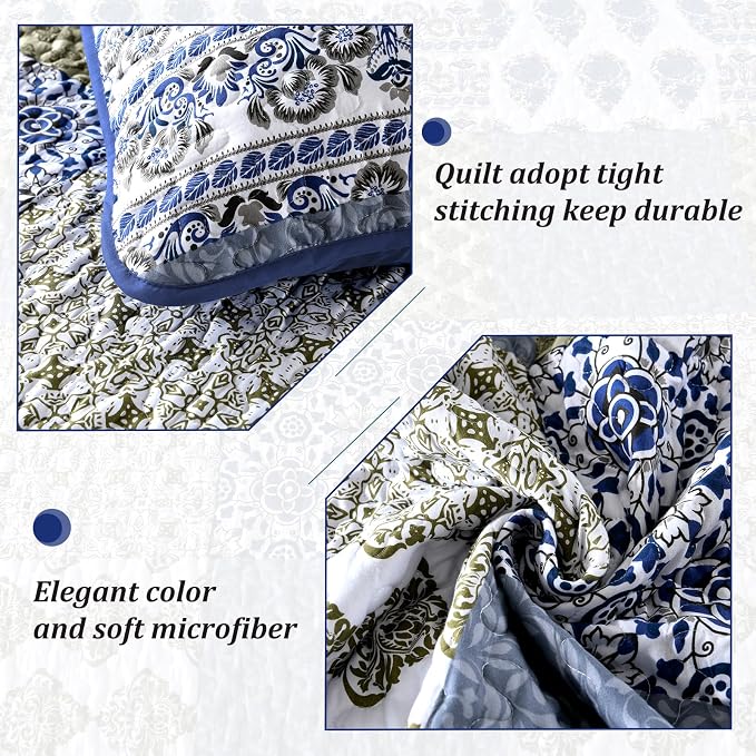 Mybedsoul Blue Quilt Set Queen Size 3 Pieces Boho Plaid Aqua Blue Floral - Image 5