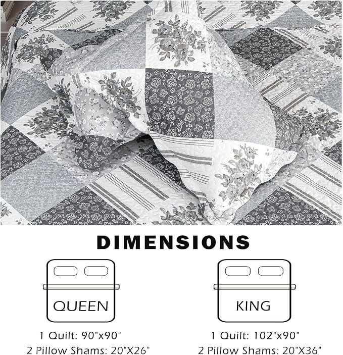 Cmfshape Summer Floral King Bedspread, Romantic Grey Quilt Set King, Reversible - Image 5