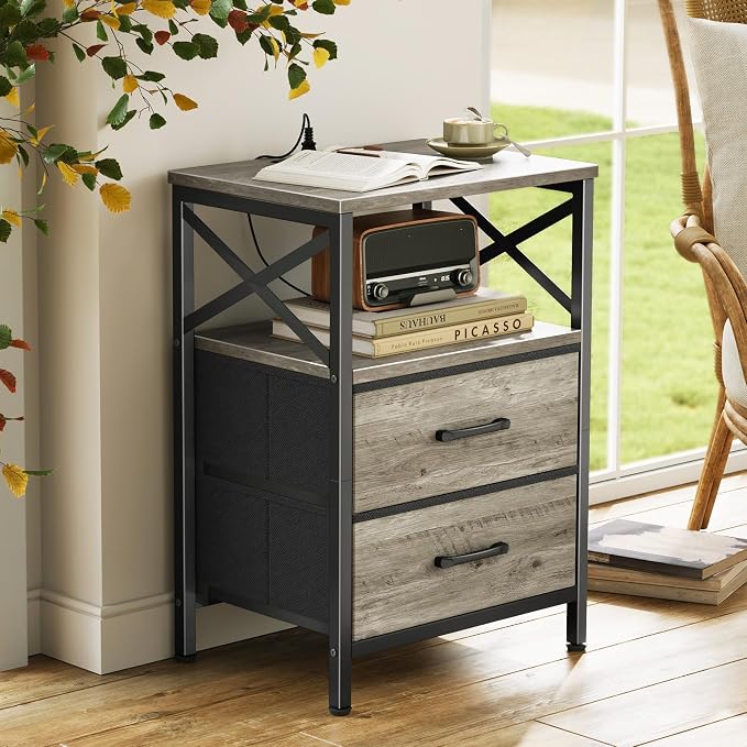 Huuger Night Stand with Charger Station, USB-C Port, End Table | 2 Drawer - Image 7