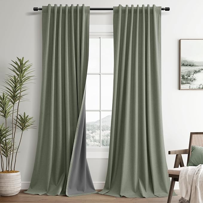 Sage Green Linen 100% Blackout Curtains 100 Inches Long by Guken