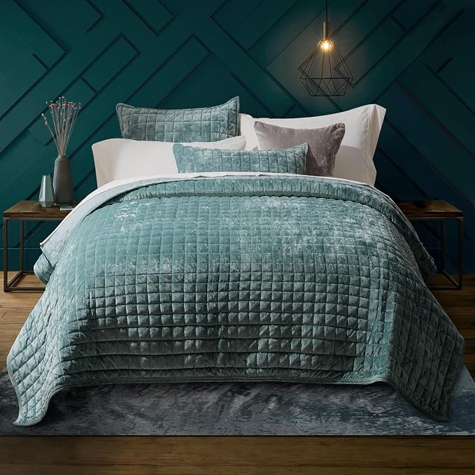 RECYCO Channel Box Stitch Velvet Quilt Set, King Size, Aqua Green | Ultra Soft by RECYCOHOMECOLLECTION
