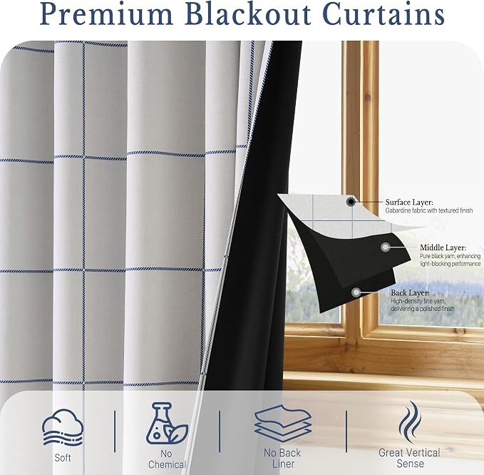 NICETOWN 100% Blackout Navy Blue Plaid - Image 3