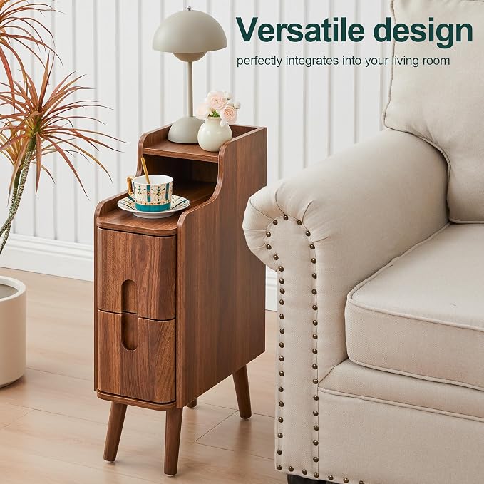 Narrow End Table Living Room, Wooden Small 2 Drawer Nightstand Bedroom - Image 4