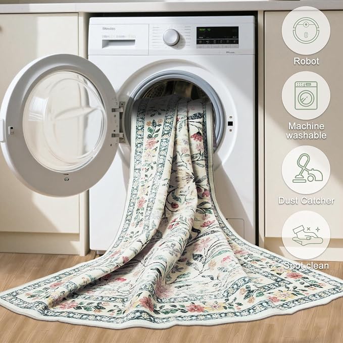 PLHXFR Area Rug Living Room: 3x5 Floral Washable Boho Carpet Green Beige | - Image 8