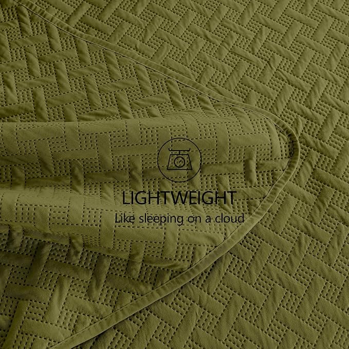 FLYMME Quilts King Size, Lightweight Olive Green Bedspreads, Basket Weave - Image 6