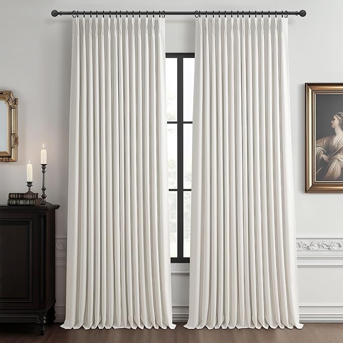 Extra Wide 70 Inch Beige White Blackout Bedroom Curtains 90 Inches Long 2 Panels by PleatedDrapes