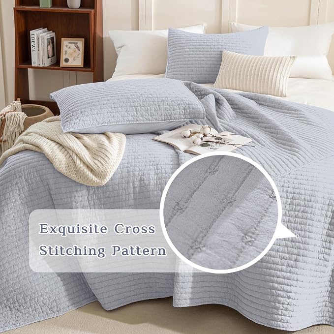 CozyTide Oversized King Bedspread 128"x120", Stone-Washed Cotton Light Blue - Image 3